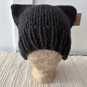 Cat Ear Beanie Hat - Hand Knit - Soft Wool Blend Yarn - Black