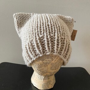 Cat Ear Beanie Hat - Light Gray - Hand Knit - Chunky Wool Yarn