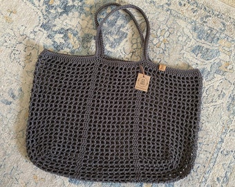 Enlow Crocheted Market Bag - Large Beach Tote - 100% Cotton Mesh Bag - Gray