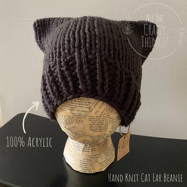 Cat Ear Beanie Hat - Hand Knit - Chunky Acrylic Yarn - Black