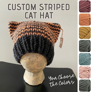 Custom Knit Cat Ear Beanie: Chunky Wool Blend, Striped