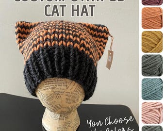 Custom Knit Cat Ear Beanie: Chunky Wool Blend, Striped