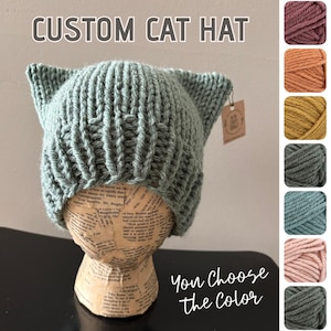 Custom Knitted Cat Ear Beanie Hat - You Choose the Color - Hand Knit - Chunky Wool-Blend Yarn