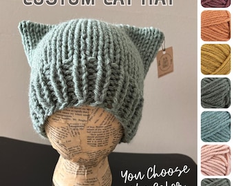 Custom Knitted Cat Ear Beanie Hat - You Choose the Color - Hand Knit - Chunky Wool-Blend Yarn