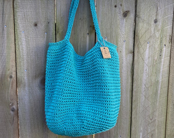Crocheted Market Tote Bag Handmade in Turquoise