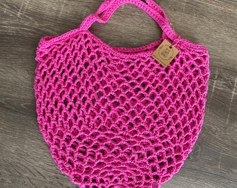 Crocheted Mesh Market Produce Reusable Grocery Bag - Hot Pink - Handmade - Cotton