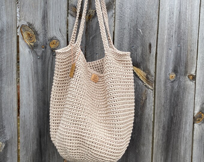 Crocheted Market Tote Bag Handmade in Beige