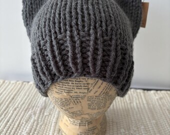 Cat Ear Beanie Hat - Charcoal Gray - Hand Knit - Soft Wool Yarn