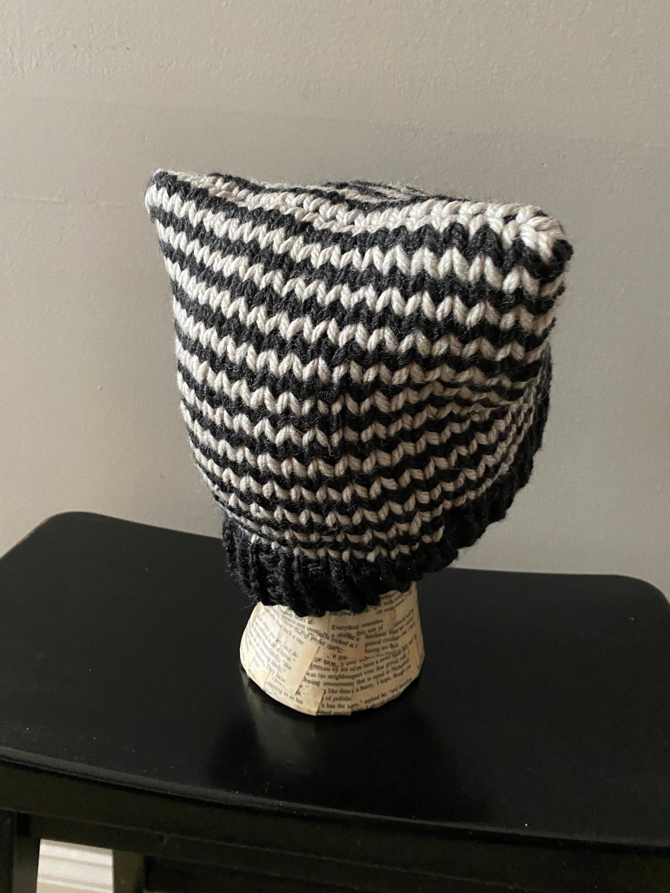 Striped Cat Ear Beanie Hat - Black and Gray Stripes - Hand 