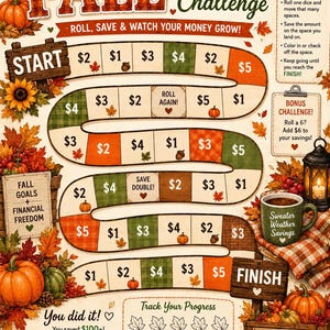 Puede incluir: Un tablero de juego Fall Savings Challenge con un camino sinuoso, cantidades en dólares, hojas de otoño y calabazas. Incluye instrucciones, un desafío adicional, un rastreador de progreso y el texto Fall Savings Challenge.