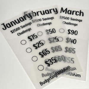 May include: Three translucent budget sheets labeled January, February, and March. Each sheet has a savings challenge goal of $2500, with amounts like $75, $25, and $65, and circles for tracking progress. The text "BudgetingWithKim" is at the bottom.