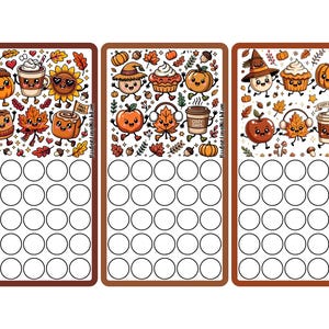 Puede incluir: Tres rastreadores de ahorro rectangulares con bordes marrones, cada uno con una sección superior llena de ilustraciones otoñales como calabazas, tazas de café y hojas, y una sección inferior con cinco filas de cinco círculos vacíos.