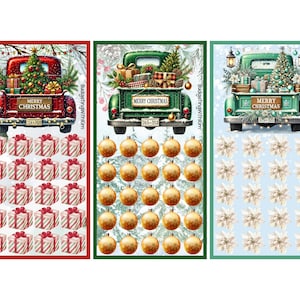 May include: Three Christmas-themed designs featuring vintage trucks with Christmas trees in the truck bed. The trucks are red, green, and teal. Each design includes gift boxes, ornaments, or poinsettias. The text "MERRY CHRISTMAS" is on each truck.