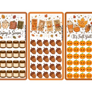 May include: Three rectangular autumn-themed savings trackers with orange borders. The first features candles and the text Staying In Season. The second shows acorns and labels. The third displays pumpkins and the text It's Fall Y'all, with rows of icons.