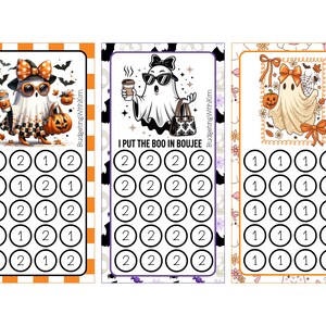 May include: Three Halloween-themed budgeting trackers. Each card features a cartoon ghost with accessories, a pumpkin, and a grid of circles numbered 1 and 2. The text "I PUT THE BOO IN BOUJEE" is on one card. The cards have orange, black, and floral borders.
