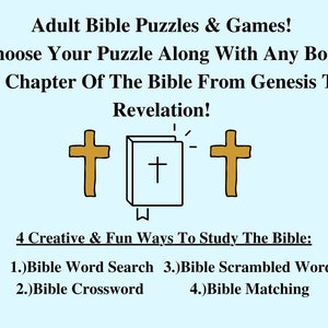 Adult Bible Word Search Puzzles, Crossword Puzzles, Scrambled Words, And Matching From Any Book & Chapter Of The Bible (Genesis-Revelation)