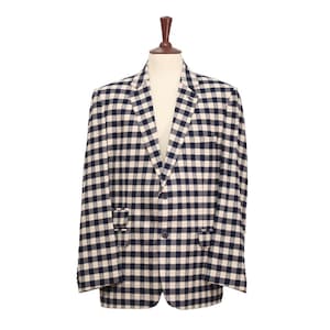 Mens Blazer, Blue Beige Check Plaid, Dress Formal Party Jacket, Groom Wedding, Evening Dinner Sport Coat, Tuxedo Suit, Handmade 46R