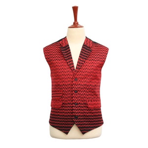 Mens Vest,  Red Black Geometric Wool Polyester, Formal Suit Lapel Waistcoat, Groom Wedding Party, Victorian Steampunk, Dress Casual, XL 46