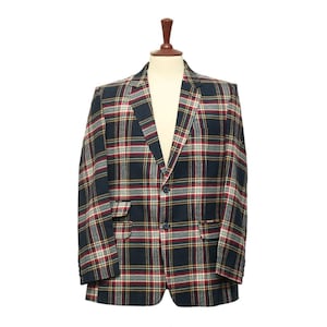 Mens Blazer, Blue Red Tartan Plaid Wool, Dress Formal Party Jacket, Groom Wedding, Evening Dinner Sport Coat, Tuxedo Suit, Handmade 44R
