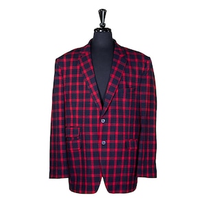 Mens Blazer, Blue Red Plaid Wool, Dress Formal Party Jacket, Groom Wedding, Evening Dinner Sport Coat, Tuxedo Suit, Handmade 48R
