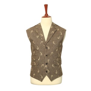 Mens Vest, Brown Fish Print Wool Cotton Polyester, Formal Suit Lapel Waistcoat, Wedding Party, Victorian Steampunk, Dress Casual, Size XL 46