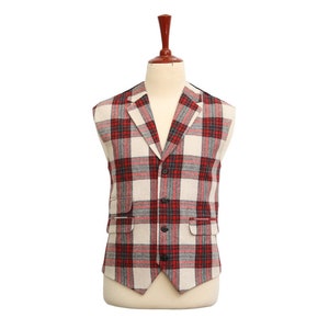 Mens Vest, Red Beige Plaid Wool Polyester, Formal Suit Lapel Waistcoat, Groom Wedding Party, Victorian Steampunk, Dress Casual, Size XL 46