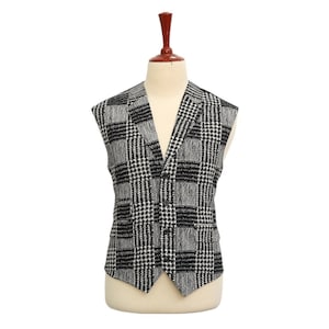 Mens Vest, Black White Geometric Cotton Polyester Wool, Formal Suit Lapel Waistcoat, Wedding Party, Victorian Steampunk, Dress Casual, XL 46
