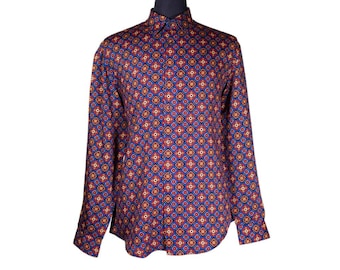 Camisa de seda para hombre con botones, azul, naranja y rojo, medallón geométrico, manga larga con cuello, estilo casual elegante, estilo retro abstracto, lujo hecho a mano, talla grande.