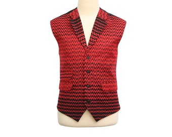 Mens Vest,  Red Black Geometric Wool Polyester, Formal Suit Lapel Waistcoat, Groom Wedding Party, Victorian Steampunk, Dress Casual, XL 46