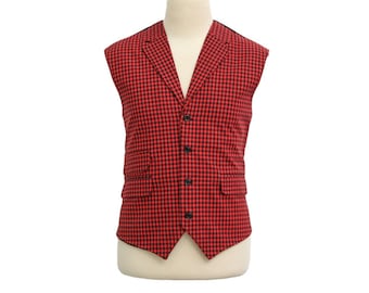 Mens Vest, Red Black Check Cotton Wool Polyester, Formal Suit Lapel Waistcoat, Groom Wedding Party, Victorian Steampunk, Dress Casual, XL 46