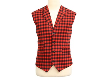 Mens Vest, Red Black Plaid Wool Polyester, Formal Suit Lapel Waistcoat, Groom Wedding Party, Victorian Steampunk, Dress Casual, Size XL 46