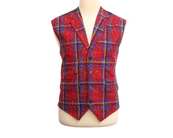 Mens Vest, Red Purple Plaid Wool Polyester, Formal Suit Lapel Waistcoat, Groom Wedding Party, Victorian Steampunk, Dress Casual, Size XL 46