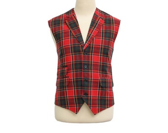 Mens Vest, Red Tartan Plaid Polyester Wool, Formal Suit Lapel Waistcoat, Groom Wedding Party, Victorian Steampunk, Dress Casual, Size XL 46