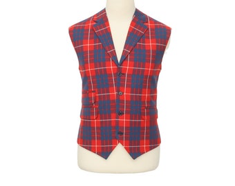 Mens Vest, Red Blue Plaid Wool Cotton Polyester , Formal Suit Lapel Waistcoat, Groom Wedding Party, Victorian Steampunk, Dress Casual, XL 46