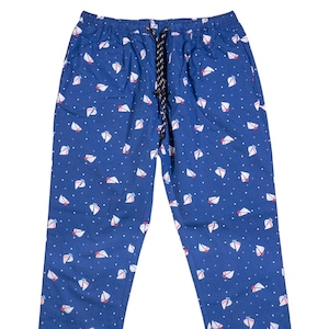 Heren broek joggingbroek, blauwe polka dot zeilboten, recht los, trekkoord elastische taille, jurk casual, zomer nautisch strand, handgemaakte grote