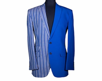 May include: A blue blazer with a striped pattern on one side and a solid blue color on the other side.
