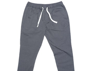 Mens Pants Joggers, Gray Striped Seersucker Cotton, Straight Loose Fit, Drawstring Elastic Waist, Dress Casual, Harem Lounge, Summer, Medium