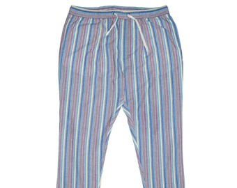 Mens Pants Joggers, Blue Red Yellow Striped Cotton, Straight Loose, Drawstring Elastic Waist, Dress Casual, Harem Lounge, Summer Beach, XL