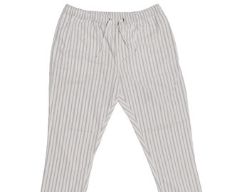 Mens Pants Joggers, Beige Striped Cotton, Straight Loose Fit, Drawstring Elastic Waist, Dress Casual, Harem Lounge, Summer Beach, Size Large
