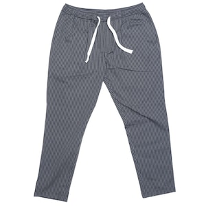 May include: A pair of gray striped pants with a white drawstring.
