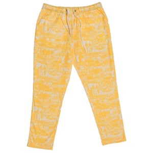 Mens Pants Joggers, Yellow Graphic Print Cotton, Straight Loose, Drawstring Elastic Waist, Dress Casual, Harem Lounge, Summer Beach, Large