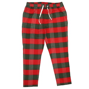 May include: Red and green plaid trousers with a drawstring waist.