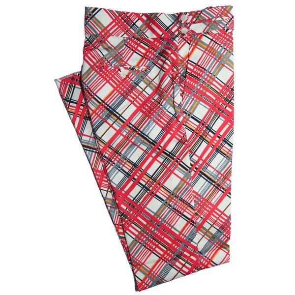 Mens Gurkha Pants, Red White Plaid Check, Slim Straight High Waist, Flat Front Chino Trousers, Formal Wedding, Dress Casual, Handmade 36