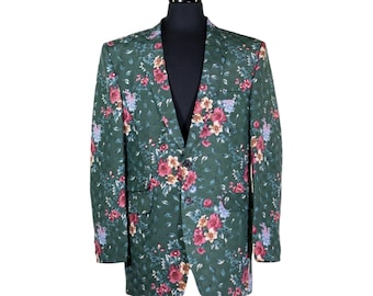 Mens Blazer, Green Pink Floral Cotton, Dress Formal Party Jacket, Groom Wedding, Evening Dinner Sport Coat, Tuxedo Suit, Handmade 42R