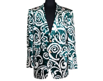 Mens Blazer, Green White Abstract Velvet, Dress Formal Party Jacket, Groom Wedding, Evening Dinner Sport Coat, Tuxedo Suit, Handmade 42R