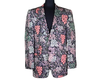 Mens Blazer, Blue Pink Green Floral Cotton, Dress Formal Party Jacket, Groom Wedding, Evening Dinner Sport Coat, Tuxedo Suit, Handmade 42R