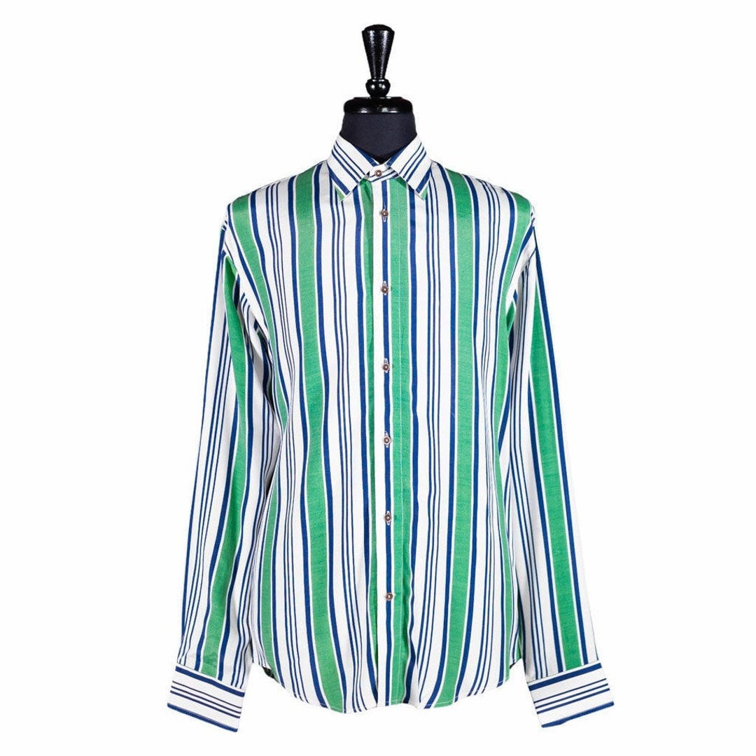 Mens Button Down Shirt Green Blue White Striped Long Sleeve Etsy