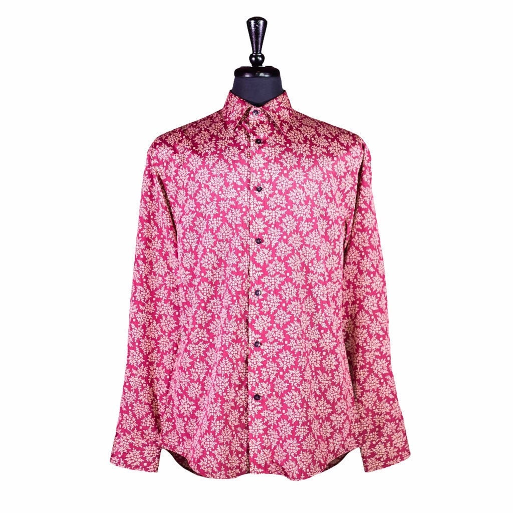 Mens Silk Button Up Shirt Red Floral Striped Long Sleeve Etsy