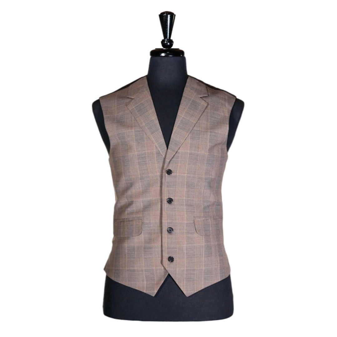 Mens Vest, Beige Glen Plaid Check Wool Silk, Formal Suit Lapel