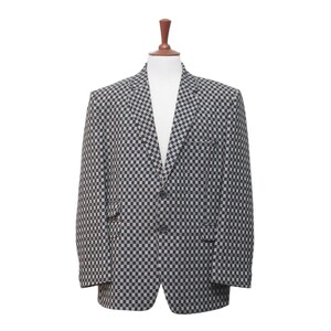 Mens Blazer, Blue Gray Geometric 100% Wool, Dress Formal Party Jacket, Groom Wedding, Evening Dinner Sport Coat, Tuxedo Suit, Handmade 48R